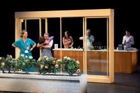 A scene from WA’s Black Swan State Theatre Company’s 2023 production of 'Things I Know To Be True'. Actors l–r: Caroline Brazier, Laura Shaw, Kaz Kane, Emma Jackson, Humphrey Bower and Will O’Mahony. Photo: Daniel J Grant.