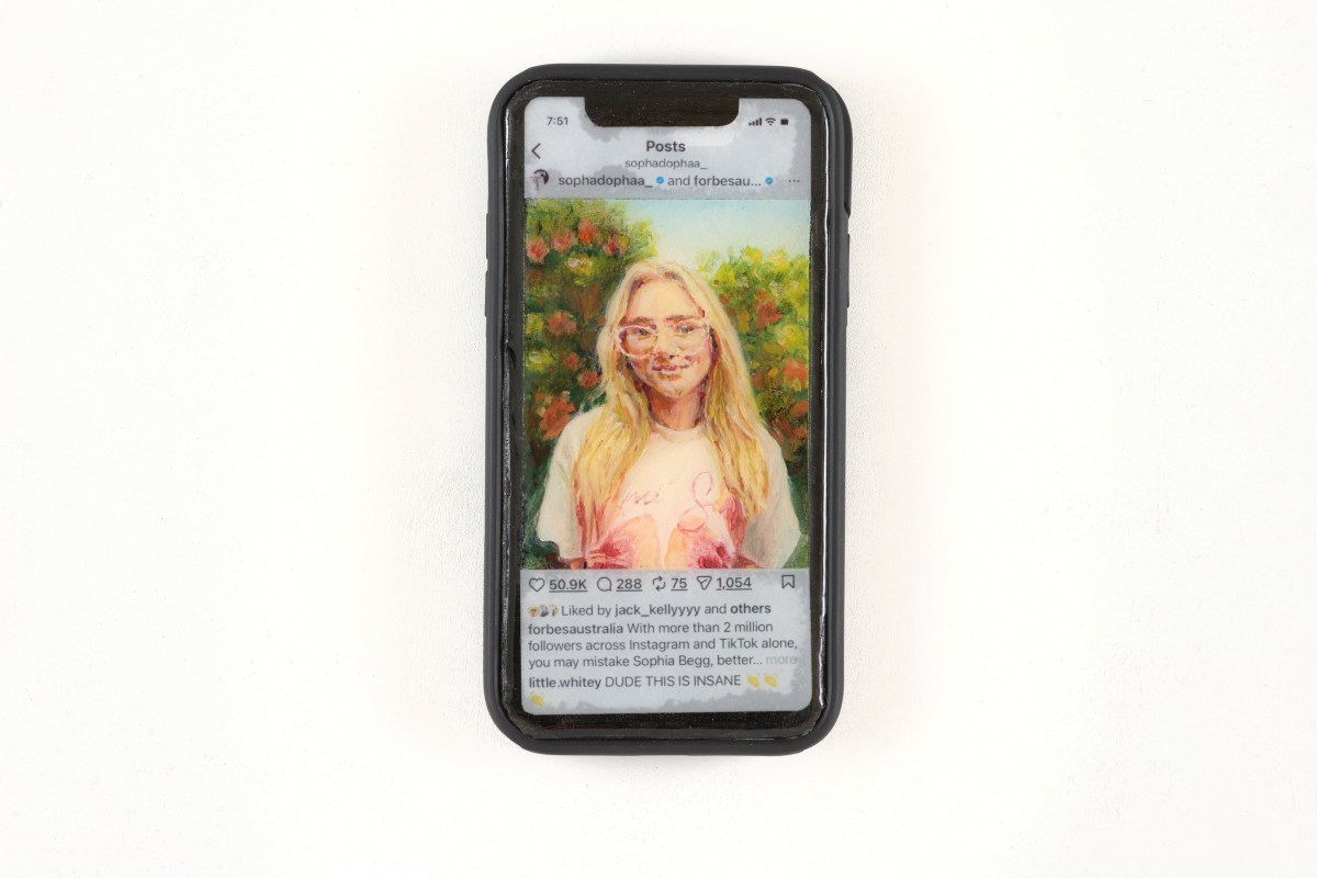 Archibald Prize 2026 finalist Andy Collis, AKA Sopha Dopha. Oil on board, text on collage, resin, silicone phone case, 15.8 x 8cm. Photo: Jenni Carter. Courtesy: the artist and AGNSW.