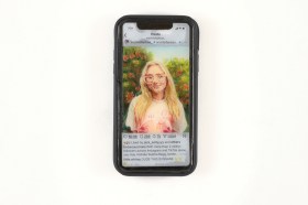 Archibald Prize 2026 finalist Andy Collis, AKA Sopha Dopha. Oil on board, text on collage, resin, silicone phone case, 15.8 x 8cm. Photo: Jenni Carter. Courtesy: the artist and AGNSW.