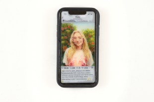 Archibald Prize 2026 finalist Andy Collis, AKA Sopha Dopha. Oil on board, text on collage, resin, silicone phone case, 15.8 x 8cm. Photo: Jenni Carter. Courtesy: the artist and AGNSW.