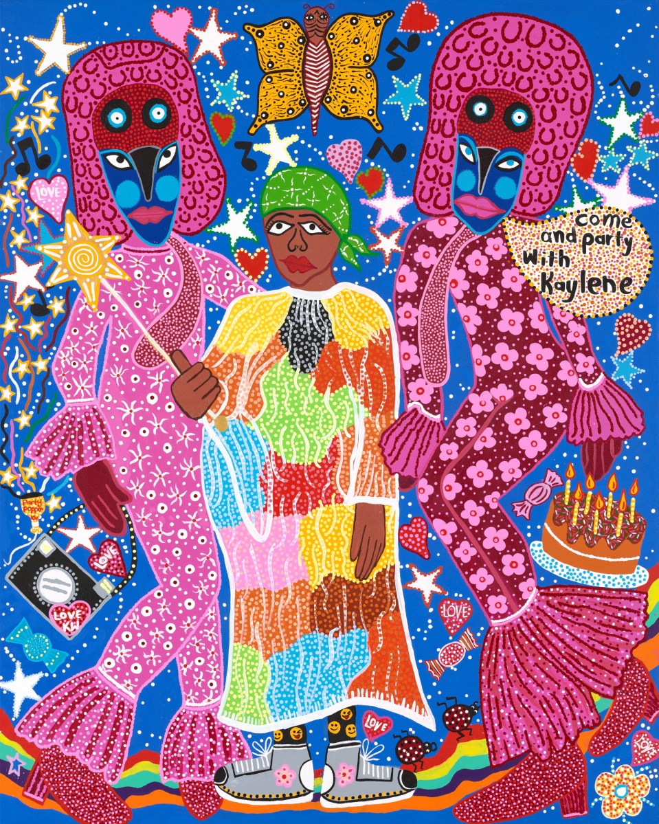 Archibald Prize 2026 finalist, Kaylene Whiskey, Dancing with The Huxleys. Synthetic polymer paint on linen, 153 x 122.4cm. Photo: Jenni Carter. Courtesy: the artist and AGNSW.