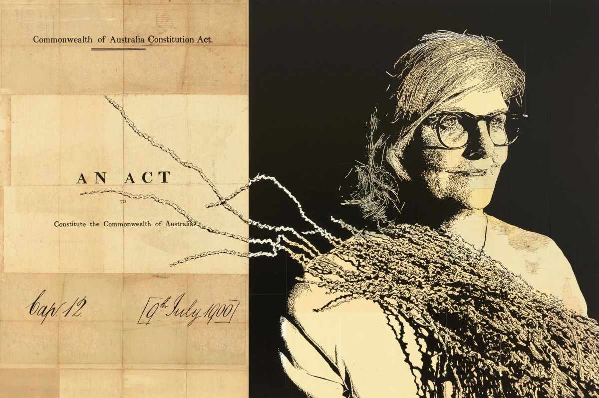 Archibald Prize 2026 finalist James Powditch, Once upon a time in Yarralumla – Her Excellency the Honourable, Sam Mostyn AC, 28th Governor-General of Australia. Synthetic polymer paint and paper on plywood, 160 x 240cm. Photo: Jenni Carter. Courtesy: the artist and AGNSW.