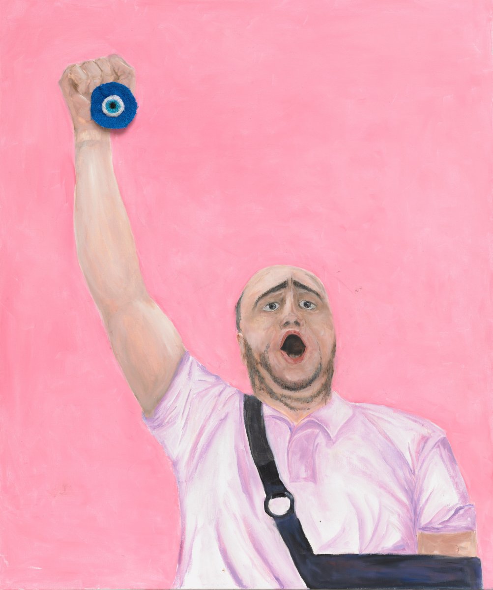 Archibald Prize 2026 finalist Julia Dover, My friend. Oil, ink and thread on canvas, 91.5 x 76.3cm. Photo: Jenni Carter. Courtesy: the artist and AGNSW.