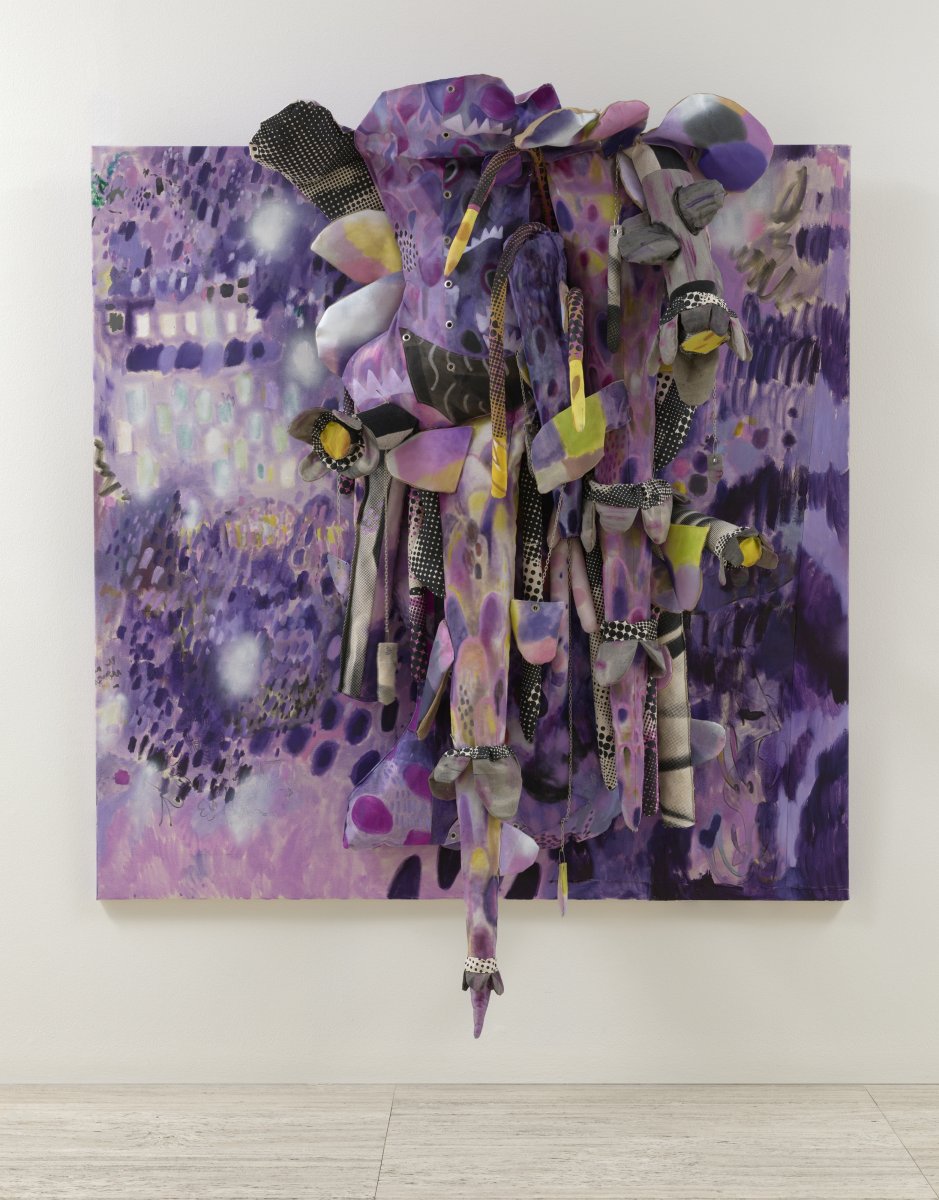 Sulman Prize 2026 finalist Sarah Contos, Midnight. Oil on linen and canvas, screenprint on cotton, hessian, tulle, polyester fibre, stainless steel hardware, 230 x 183.5 x 54cm. Photo: Diana Panuccio. Courtesy: the artist and AGNSW.