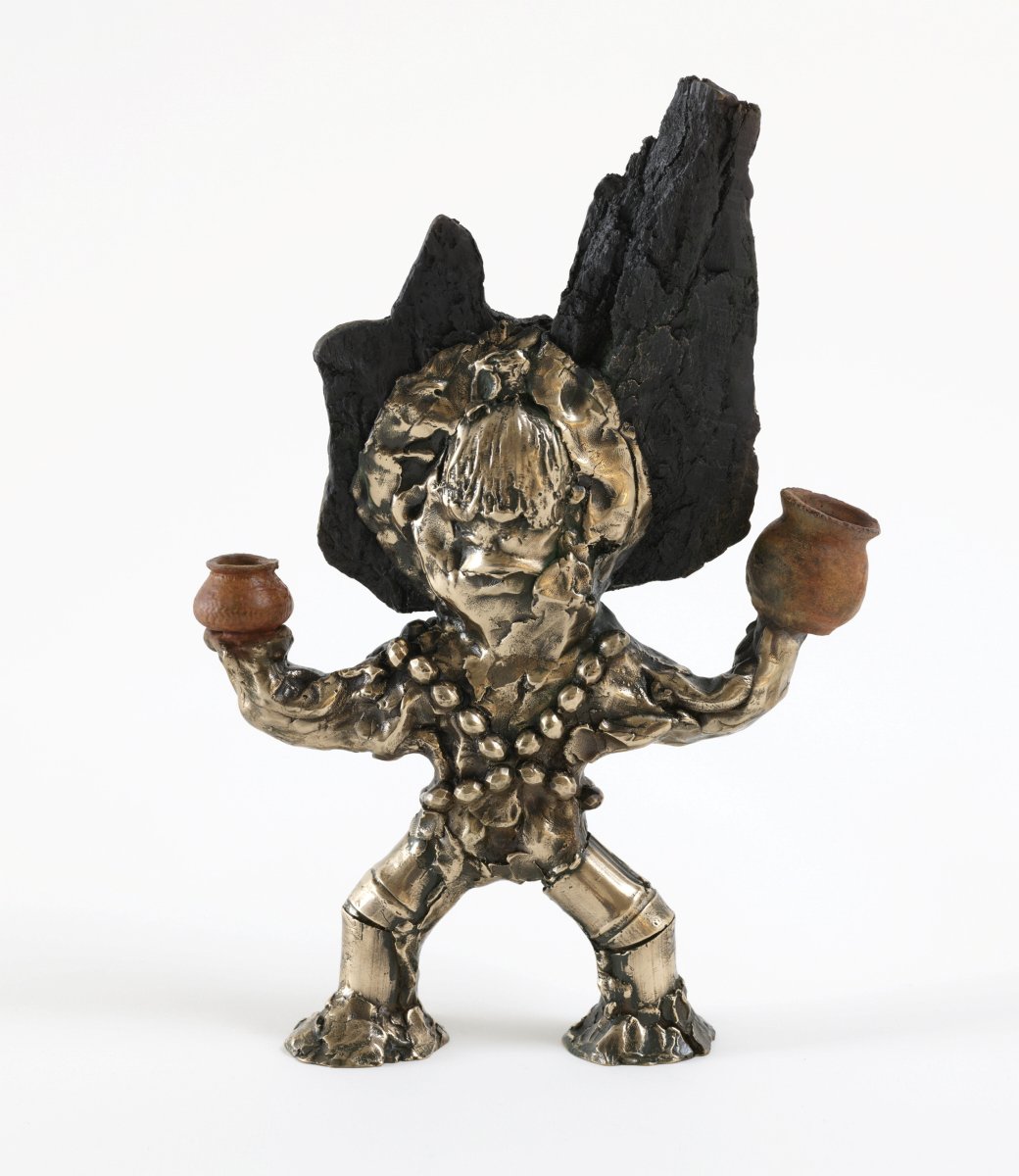 Wynne Prize 2026 finalist Ramesh Mario Nithiyendran, Votive figure with wooden masks and vessels. Bronze, patina, 33 x 23cm. Photo: Jenni Carter. Courtesy: the artist and AGNSW.