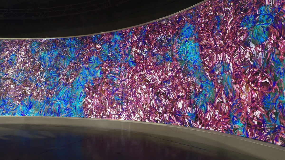 Khaled Sabsabi, khalil, 2026. 8 channel HD video installation with audio, 40 x 2.8 metre acrylic paint on canvas, steel, black oud scent, 64 minutes. Developed with Michael Dagostino. Photo: Khaled Sabsabi. Courtesy: the artist and Milani Gallery Brisbane, Australia.