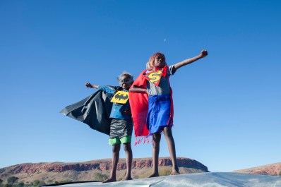 Tony Albert, David C Collins, Renisha Ward-Yates and Brittany Malbunka Reid, Warakurna Superheroes #9, 2017. Pigment print on paper, 100 x 150cm. Courtesy: the artist and Sullivan+Strumpf.
