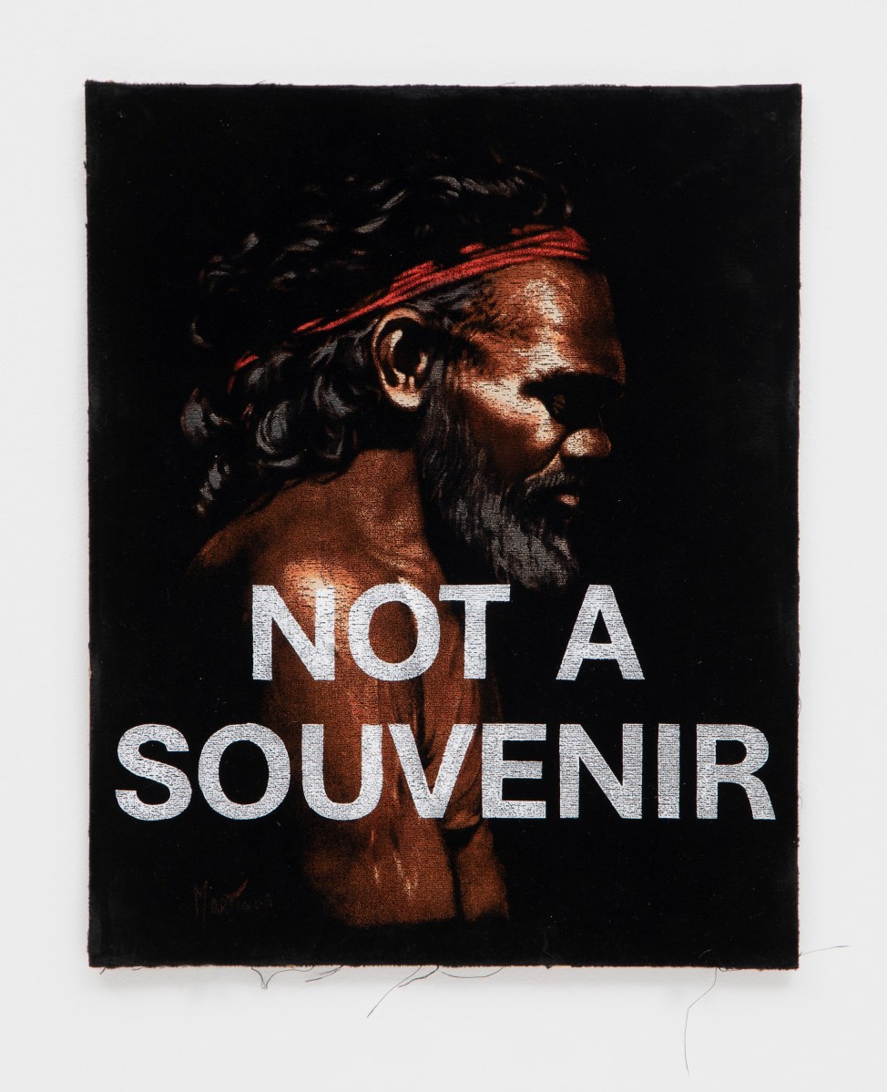 Tony Albert, Not a Souvenir #1, 2025. Acrylic on found velvet painting, 36 x 29cm. Photo: Aaron Anderson. Courtesy: the artist and Sullivan+Strumpf.