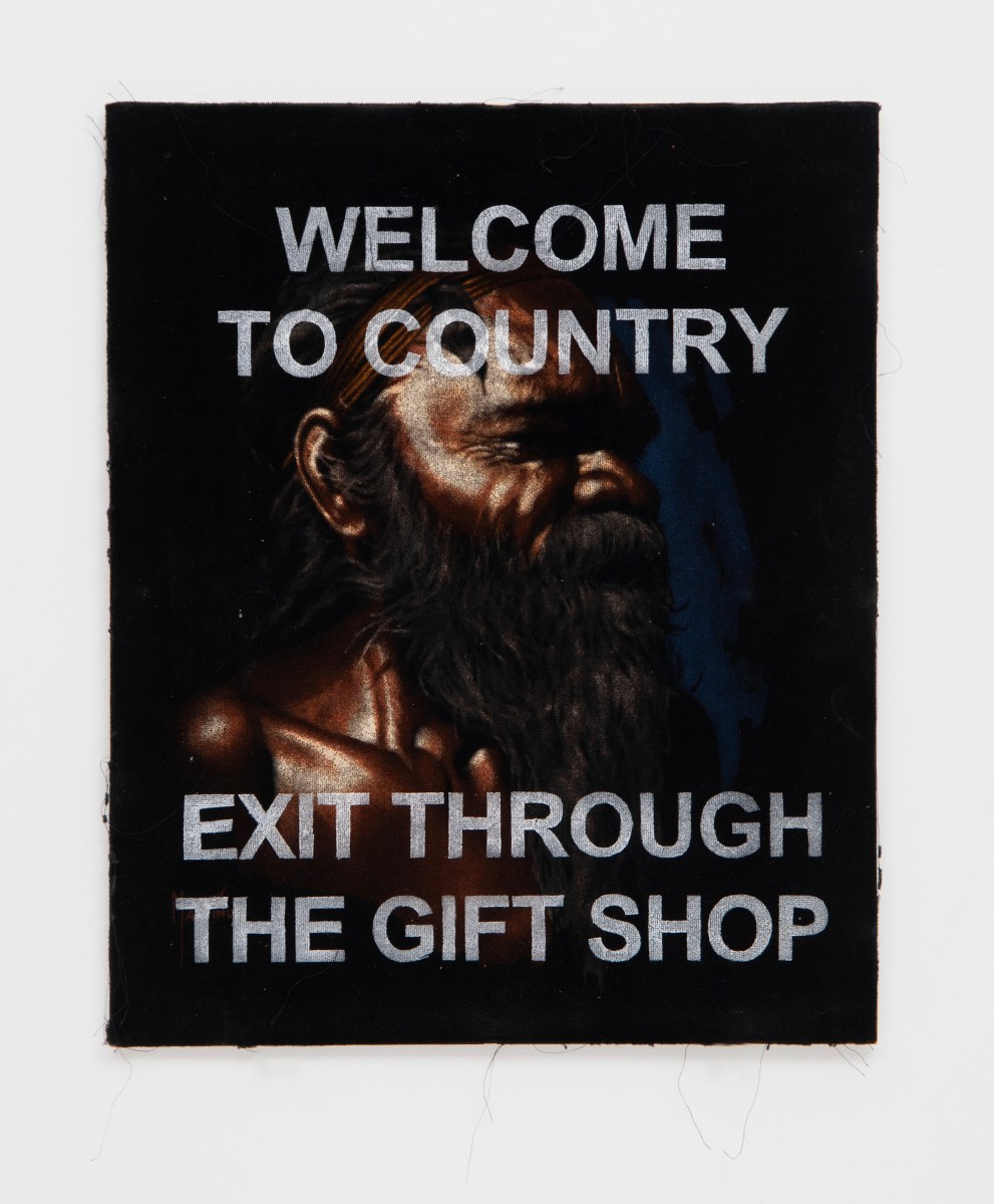 Tony Albert, Welcome to Country, Exit Through the Gift Shop, 2025. Acrylic on found velvet painting, 40.5 x 33cm. Photo: Aaron Anderson. Courtesy: the artist and Sullivan+Strumpf.
