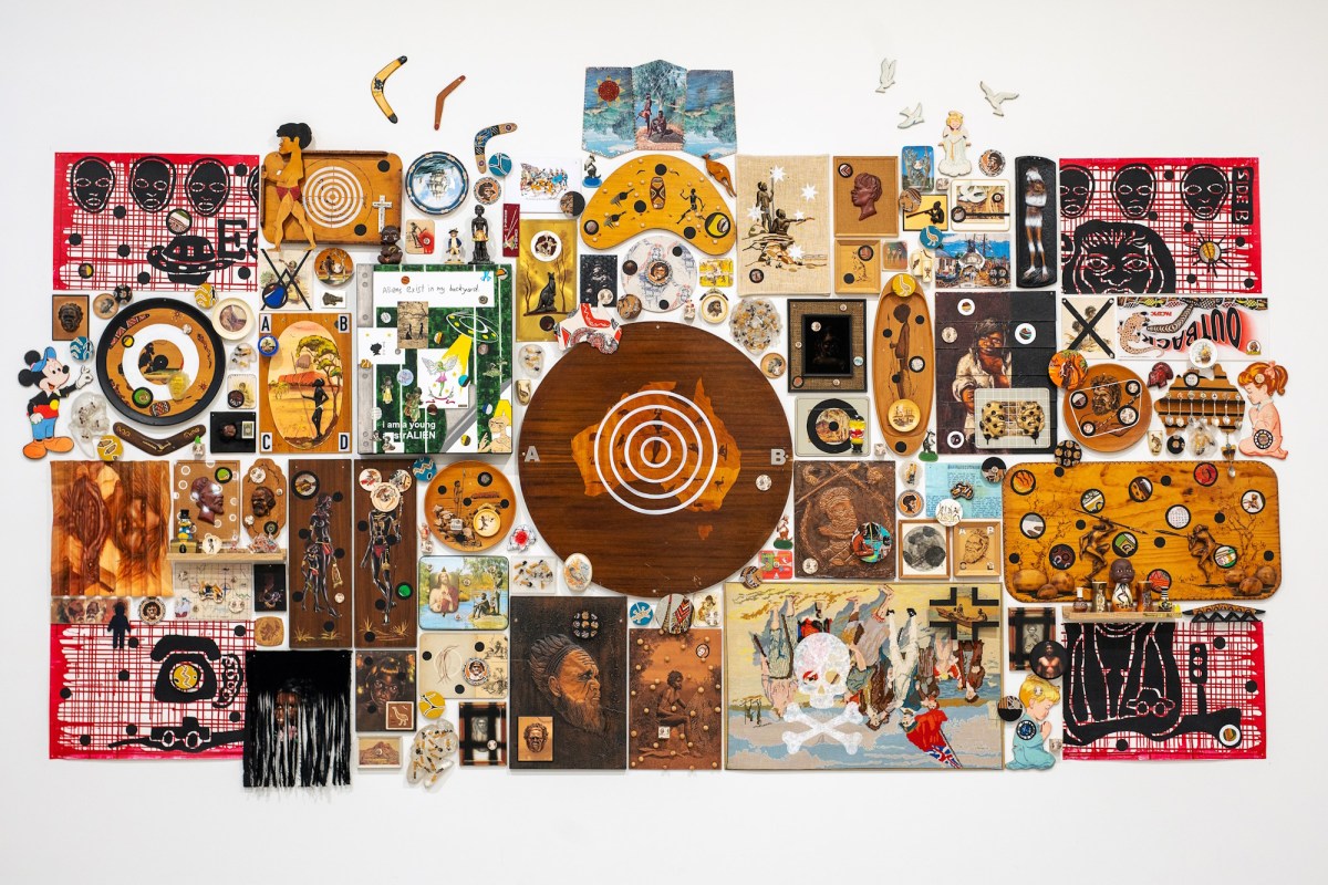 Tony Albert, Story, Place, 2023. Appropriated found objects, 200 x 400cm. Tia Collection. Photo: Rhett Hammerton.Courtesy: the artist, Tia Collection and Sullivan + Strumpf.