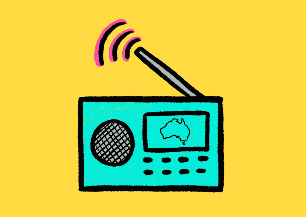 Community radio: our national sound. A cartoon image of a green radio drawn in thick black lines against a yellow background.