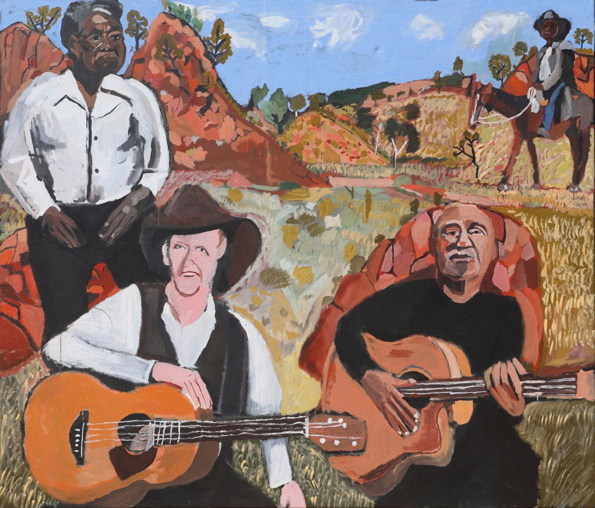 Vincent Namatjira, Albert Namatjira, Slim Dusty and Archie Roach on Country, 2022, Indulkana. Synthetic polymer paint on linen, 167 x 198cm. Collection of Art Gallery of South Australia, Adelaide. Courtesy: the artist and Copyright Agency.