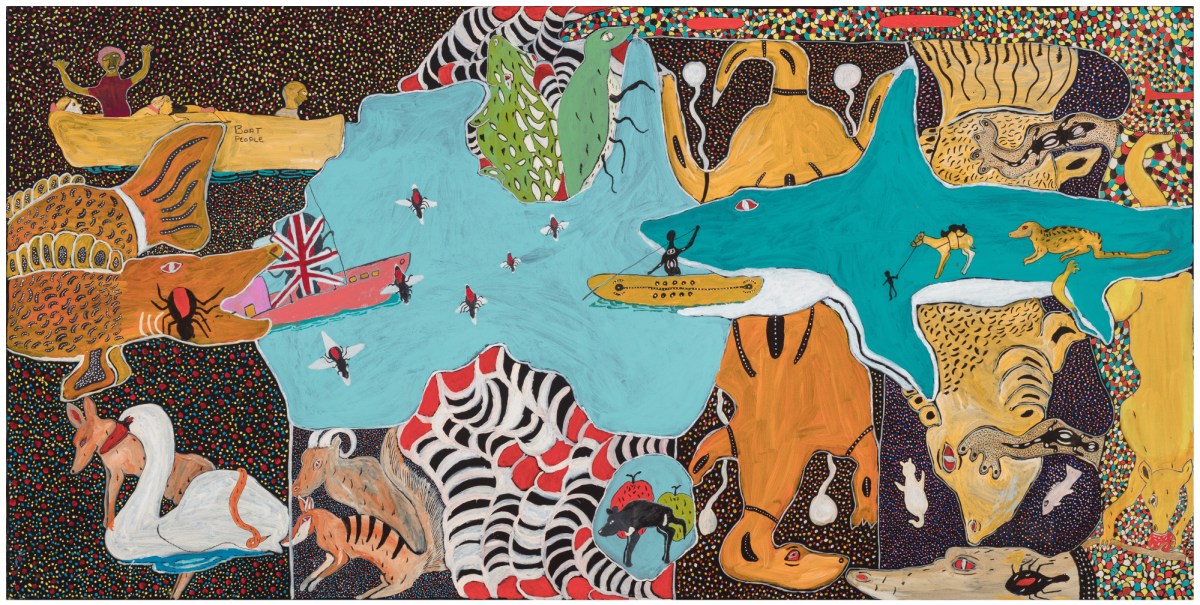 John Prince Siddon, Australia: Mix it all up, 2019. Synthetic polymer paint on canvas, 120 x 240cm. Collection of Art Gallery of South Australia, Adelaide. Courtesy: the artist and Copyright Agency.
