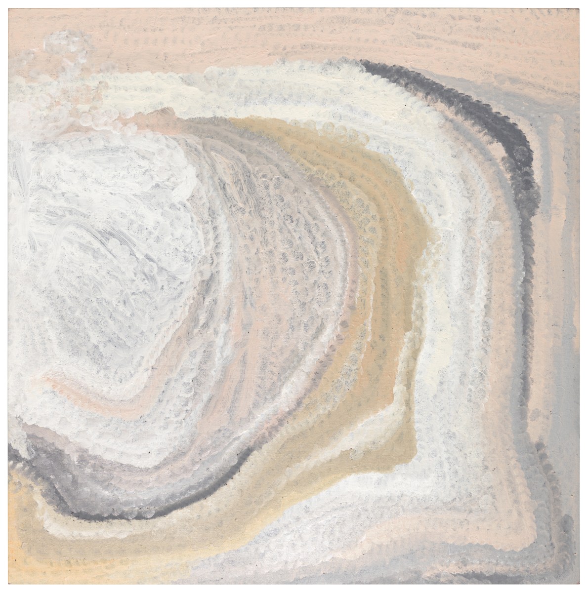 Bugai Whyoulter, Wantili (Warntili, Canning Stock Route Well 25), 2021. Synthetic polymer paint on linen, 152 x 152cm. Collection of Art Gallery of South Australia, Adelaide. Courtesy: the artist and Copyright Agency.