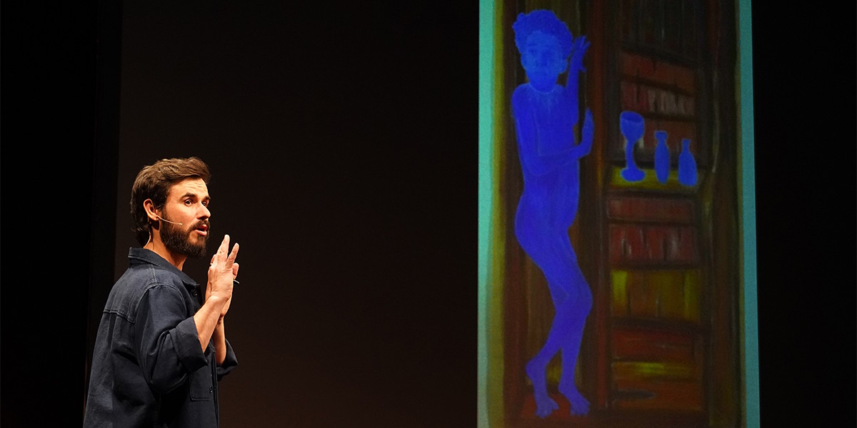 Sam Kissajukian during a performance of 300 Paintings. Photo: Supplied.