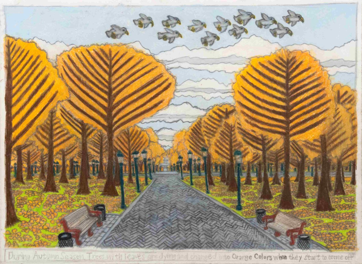 Presented in Intimate Imaginaries, Samraing Chea, During autumn season trees with leaves are dying and changed into orange colours when they start to come off, 2017. Grey lead pencil, pencil on paper 28 x 38cm. Collection of Sandy Fernée and Rob Meredith. Courtesy: the artist and Arts Project Australia.