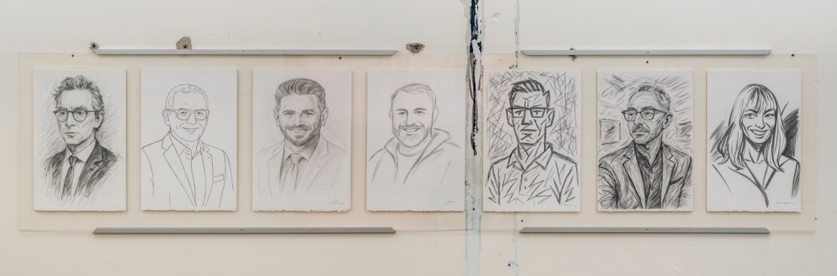 Daniel Sherington, Some portraits, 2025. Graphite on paper, clear acrylic and aluminium channel, 73 x 316cm. Photo: Charlie Hillhouse. Courtesy: the artist and 1WORKROOM9.