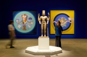 Installation view of the Avatar: Forms of Vishnu exhibition at the Art Gallery of New South Wales, featuring works by Desmond Lazaro and Cambodian Vishnu statue from the early 800s, photo © Art Gallery of New South Wales, Jenni Carter.