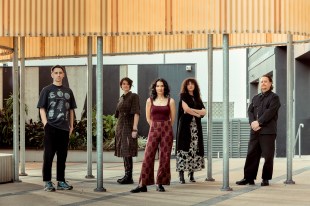 The Institute of Modern Art's Platform artists for 2027 with, from left, Daniel Sherington, Amanda Bennetts, Prita Tina Yeganeh, Savannah Jarvis and Adam Cole. Photo: Josef Ruckli.