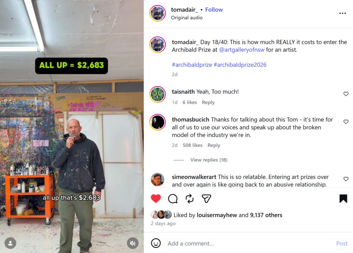 Artist Tom Adair recently catalogued his costs entering an art prize. Screenshot: @tomadair_ / Instagram.