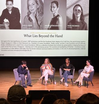 From left, Desmond Lim, Sheila Loewe, Anatxu Zabalbeascoa and Frida Escobedo in discussion at the National Gallery Singapore, May 2026. Photo: Gina Fairley. Loewe Craft Prize