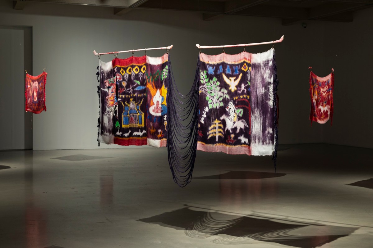 Linda Sok, Deities in Temples XIV, 2025. Installation view, Linda Sok: Reincarnations of an altar cloth, Campbelltown Arts Centre, 2025. Photo: Silversalt Photography.