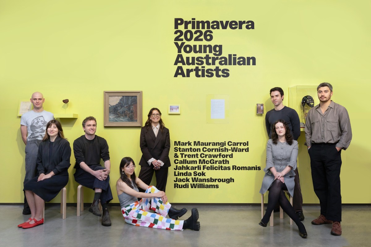 Primavera 2026 artists with, from left, Callum McGrath, Rudi Williams, Jack Wansbrough, Linda Sok, Jahkarli Felicitas Romanis, Trent Crawford, Stanton Cornish-Ward and Mark Maurangi Carrol. Photo: Jessica Maurer.
