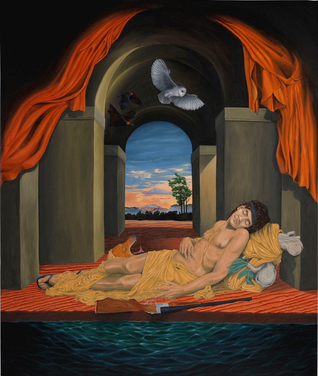 Ryan Presley, Our lifestyle of tranquillity undisturbed (2026), oil paint on polyester, 183 x 152.7 cm. Courtesy of the artist. Photo: Katherine Travis.