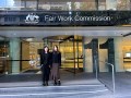 NAVA's Penelope Benton and Leya Reid outside the Fair Work Commission for the Case Management Hearing for Variation on the Commission’s own initiative – Amusement, Events and Recreation Award 2020 (AM2024/37), 2025. Photo: Supplied / NAVA.