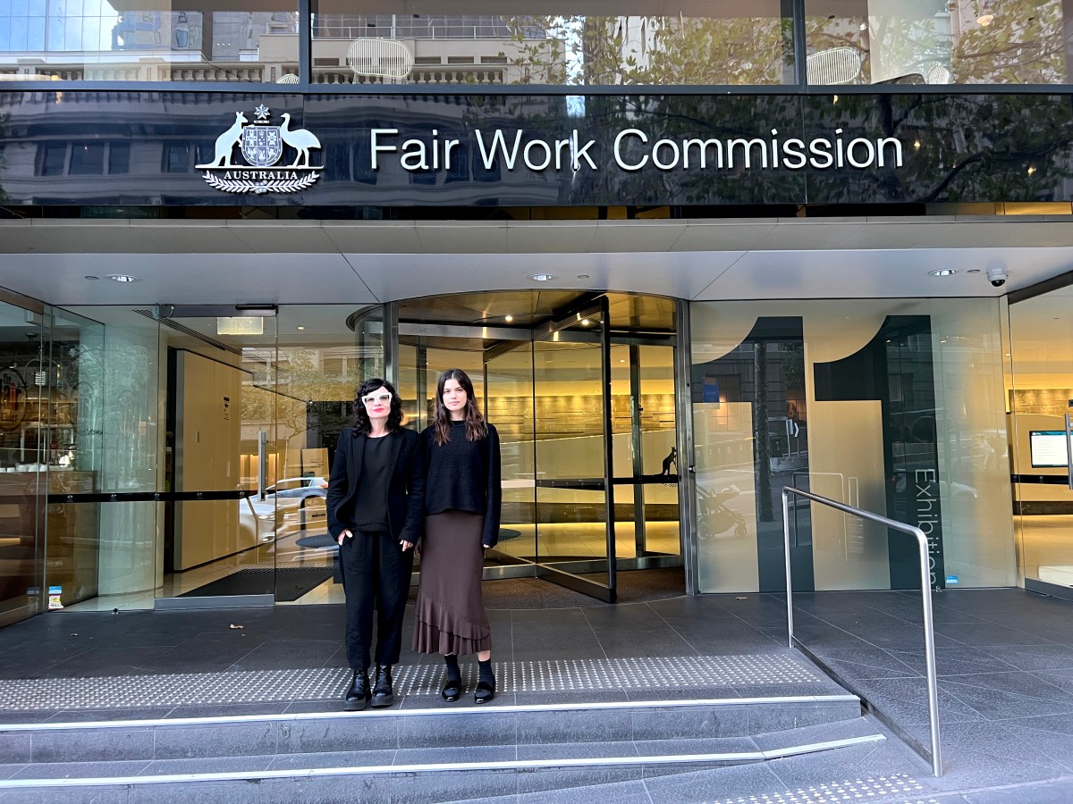 NAVA's Penelope Benton and Leya Reid outside the Fair Work Commission for the Case Management Hearing for Variation on the Commission’s own initiative – Amusement, Events and Recreation Award 2020 (AM2024/37), 2025. Photo: Supplied / NAVA.