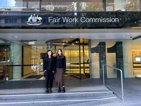 NAVA's Penelope Benton and Leya Reid outside the Fair Work Commission for the Case Management Hearing for Variation on the Commission’s own initiative – Amusement, Events and Recreation Award 2020 (AM2024/37), 2025. Photo: Supplied / NAVA.