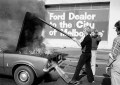 Andrew Chapman, A Ford Cortina on fire, South Melbourne, 1979. Gelatin silver print, City of Melbourne Art and Heritage Collection. Courtesy: Andrew Chapman Photography.