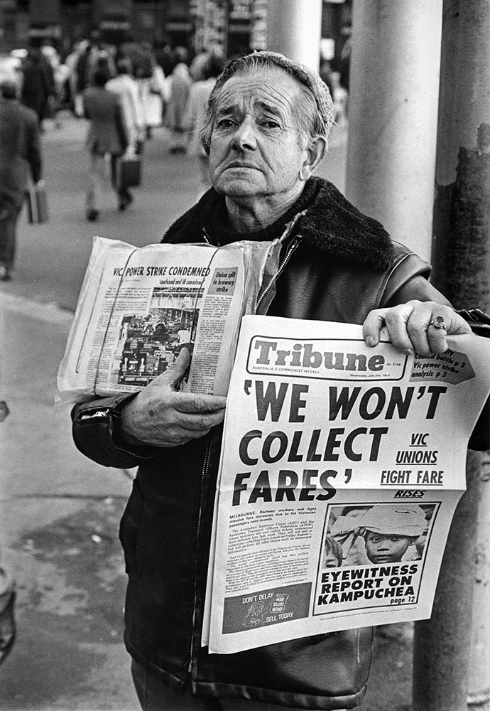 Andrew Chapman, Tribune Newspaper seller, Swanston Street, July 1980. Gelatin silver print City of Melbourne Art and Heritage Collection. Courtesy: Andrew Chapman Photography.