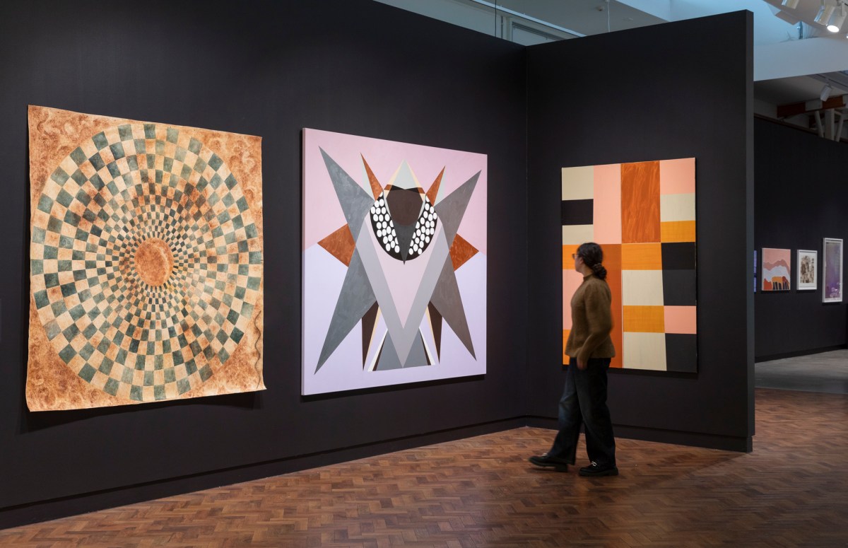 From left, Diana Wood Conroy, Two Grounds Lake Mungo, 2000; Mikala Dwyer, Bird #2, 2021; Emma Beer, The Luxury of not having it written in stone, 2021; Lorraine Daylight, Birnoo Country, 2023; Elisabeth Cummings, Evening Termite Mounds, 2012; and Justene Varga, Desklamp, 2011-12. Installation view, Through line, Goulburn Regional Art Gallery. Photo: Silversalt Photography. Courtesy: the artists.