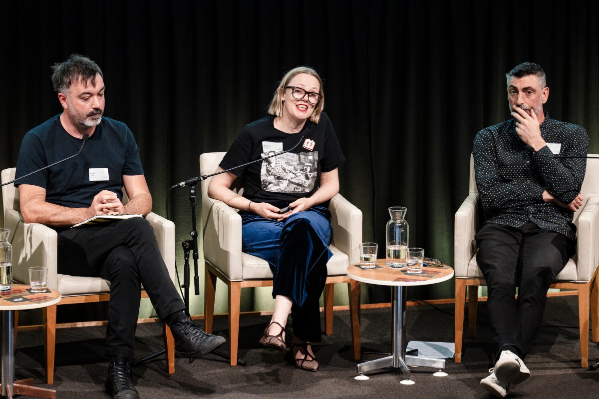 From left, Travis Tiddy (Design Tasmania), Aimee Frodsham (Canberra Glassworks) and Brian Parkes (JamFactory) at Artisan’s MADE 2026 symposium. Photo: Jade Ferguson / Visual Poets Society.