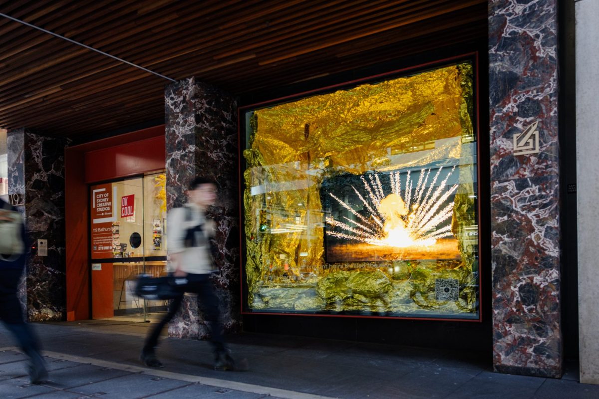 A great shock of brilliant hairs thrilled the sky by Emily Parsons-Lord in the you’re okay front window at City of Sydney Creative Studios. Photo: Jones King.