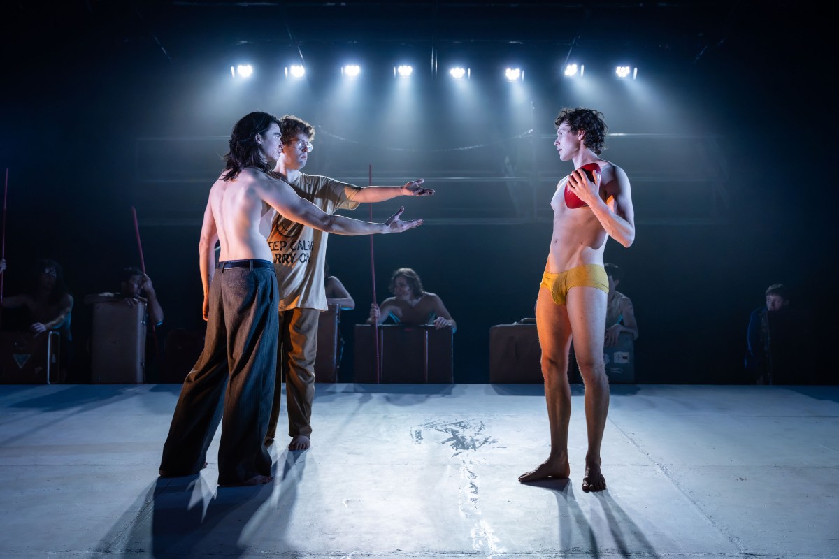 Sean Yuen Halley, Oliver Cowen and Angus Leighton in Lord of the Flies at Theatre Works, Melbourne. Photo: Matthew Chen.