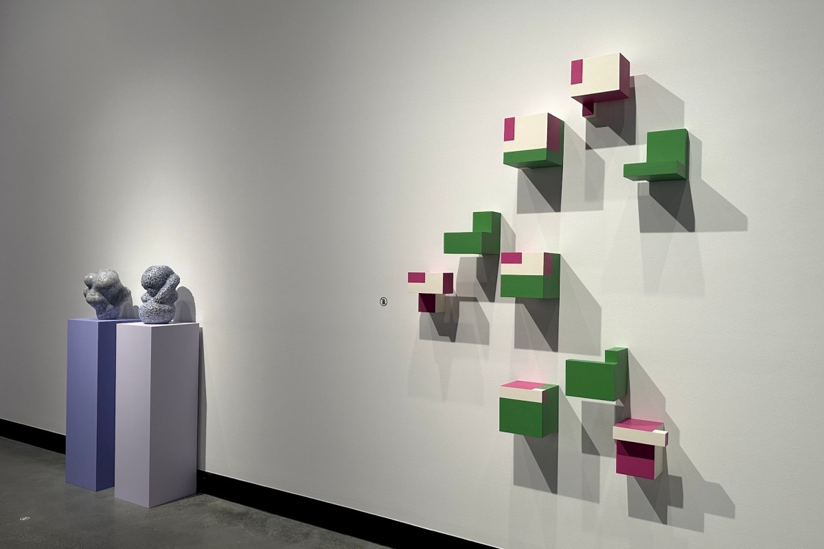 From left, work by Celine Caron and Petalia Humphreys. Installation view, UNLEASHED+, HOTA Home of the Arts in partnership with Artisan. Photo: Gina Fairley.