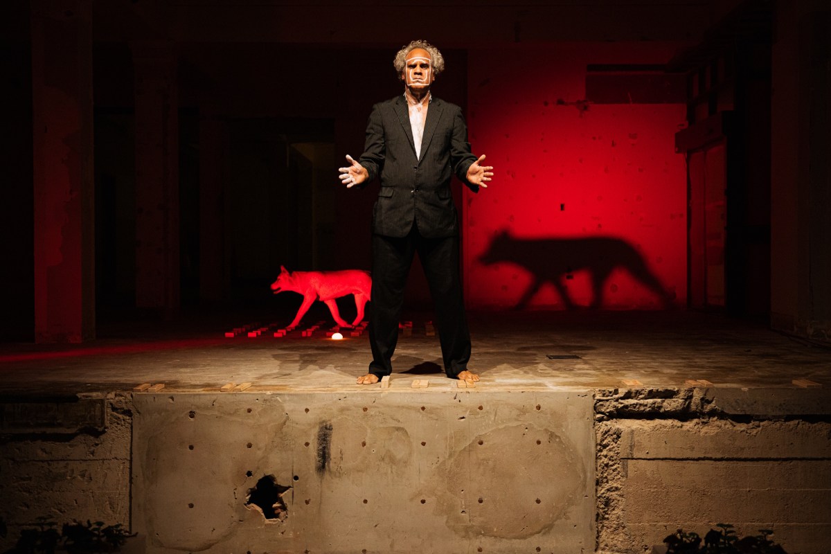 Zane Saunders, Preface, 2026. Performance installation, PUNQ 2026, Old NSW Bank Building, Gurambilbarra/Townsville. Photo: Tszar. Courtesy: the artist.